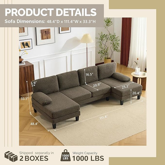 VINGLI 110' U-Shaped Sectional Couch with Two Chaise, Affordable Small Sofa with 4 Seats, Chenille Fabric Comfy Couches for Living Room, Dark Brown
