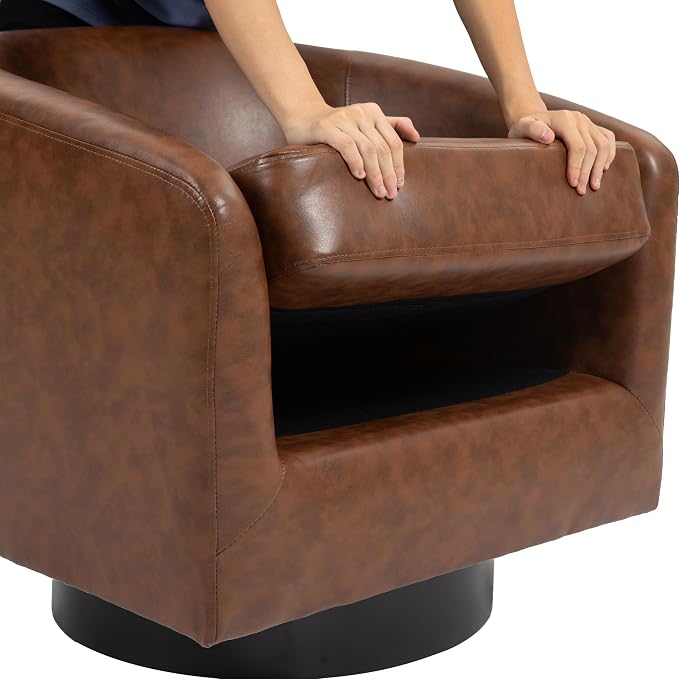 360° Swivel Barrel Accent Chair Armchair, PU Leather Round Club Arm Chair for Lving Room, Modern Upholstered Small Bedroom Single Sofa Seat - Coffee Brown, Set of 4