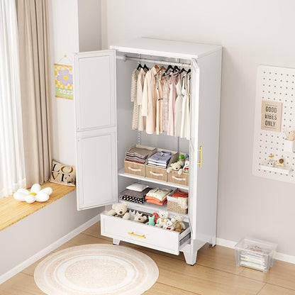 Ckzbx 71" H Metal Armoire Wardrobe Closet with Drawer, Adjustable Shelf, Clothes Drying Pole, Clothes Storage Closet for Bedroom (White)