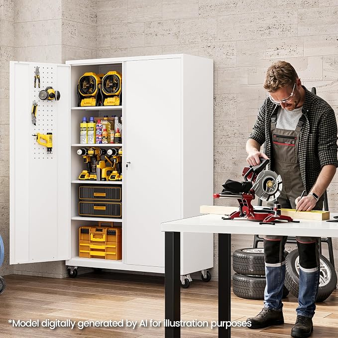 Metal Garage Storage Cabinet with Locking Doors and Adjustable Shelves, Wide & Deep Storage Cabinet on Wheels, 71" Rolling Tool Cabinet for Garage, Basement, Home Office