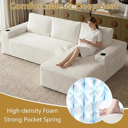 104" Cloud Sectional Couch L-Shaped with Side Pockets Cup Holders, Corduroy Boneless Couch for Living Room,Upholstered Deep-Seat Modular Sectional Sofa,No Assembly Required (White,Right Facing Chaise)