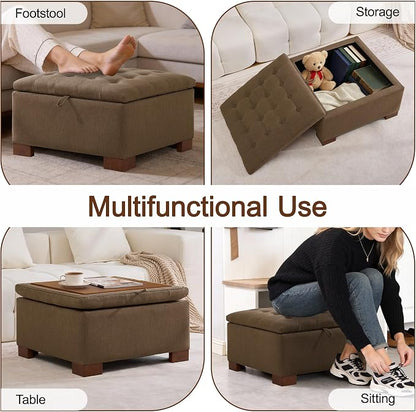 WUTUTUEE 30" Fabric Square Storage Ottoman with Wooden Tray, Modern Tufted Button Footstool Coffee Table, Upholstered Large Ottoman for Living Room, Bedroom, Brown