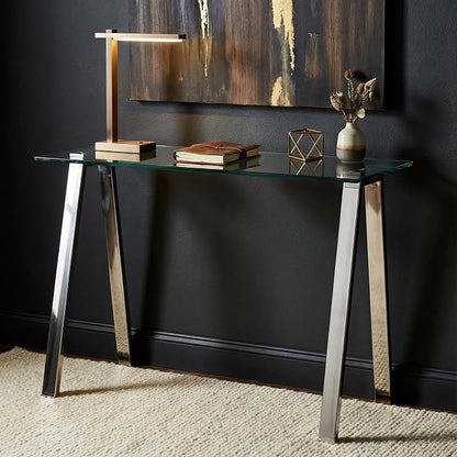 Cortesi Home Trixie Glass Top Desk/Console Table with Stainless Steel Frame, 40"