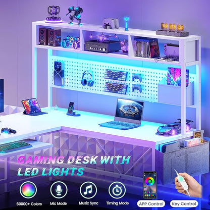 SEDETA White L Shaped Gaming Desk, Reversible Corner With Power Outlet and Pegboard, Hutch, Storage Shelf, Keyboard Tray, and LED Lights for Home Office
