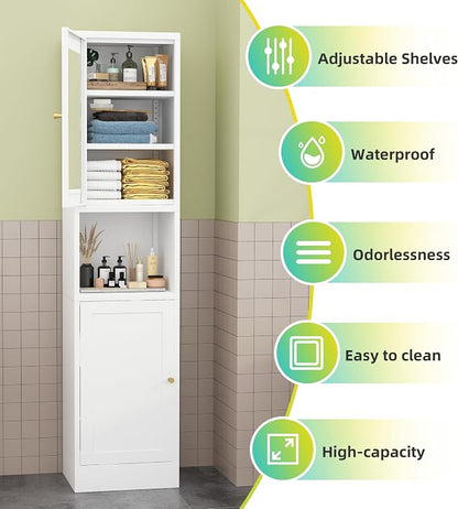69" Tall Metal Pantry Cabinet with Microwave Stand,Microwave Storage Cabinet with 2 Doors & 3 Adjustable Shelves for Kitchen (2 Glass Doors-White, 11.81" D x 15.75" W x 66.93" H)