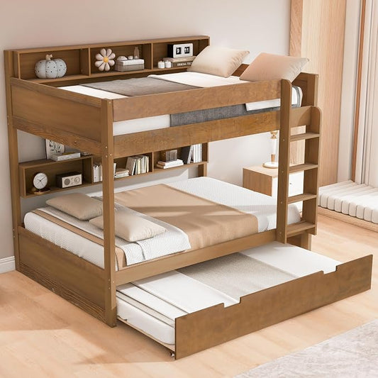 Wood Bunk Bed Full Over Full Size with Built-in Storage Shelves, Versatile Bunk Bed Frame with Ladder and Trundle Bed for Kids Teens Adults, Maximize Space (Antique Wood-2.10)