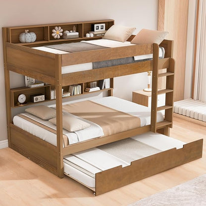 Harper & Bright Designs Rustic Wood Bunk Bed with Pull-Out Trundle, Full Over Full Wooden Bunk Bed with Large Cabinet Beside Upper and Down Bed, Wood