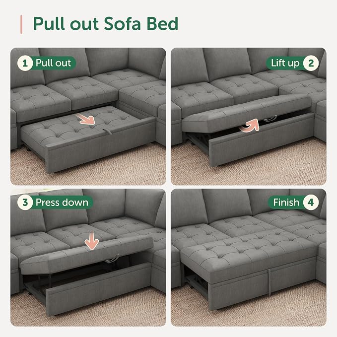 HONBAY Modular Sectional Sleeper Sofa with Pull Out Bed,U Shaped Couch with Storage Seat,Sectional Couches for Living Room,Warm Grey