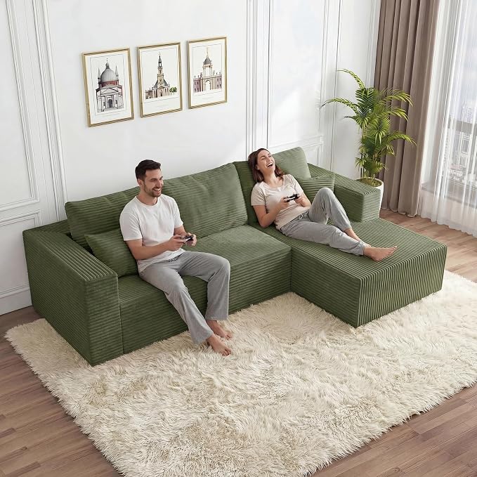 92.5" Modular Sectional Sofa, L-Shape Cloud Couch with Deep Seats & Chaise, 4-in-1 Covertible Corduroy Boneless Couches for Living Room,Bedroom,No Need Assembly - Green(Right Facing Chaise)