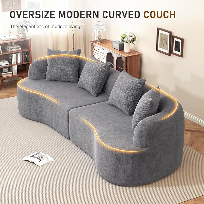 Furnimart 112" Curved Couches for Living Room, Modern Chenille 4-Seater Sectional Sofa Deep Seat with 4 Throw Pillows, Plush Modular Couch, No Assembly Needed, Dark Grey
