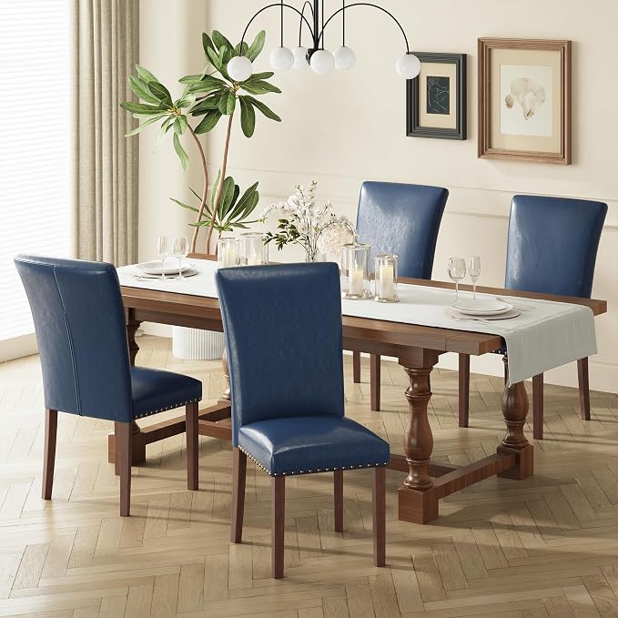 MALOL Dining Chairs Set of 4, High Back Dining Chair with Wood Legs and Nailhead Trim, Modern Padded Kitchen Room Chairs for Dining Room/Restaurant, Blue