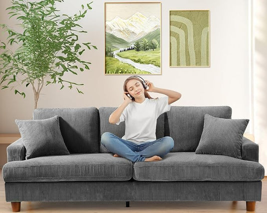 Kidirect 87in Corduroy Couch, Sofa No Tool Assembly, Comfy Couches for Living Room 21in Deeper Seats, Corduroy Sofas for Living Room with 2 Pillows, Oversized Loveseat Sofa, Boho Love Seat Grey Couch