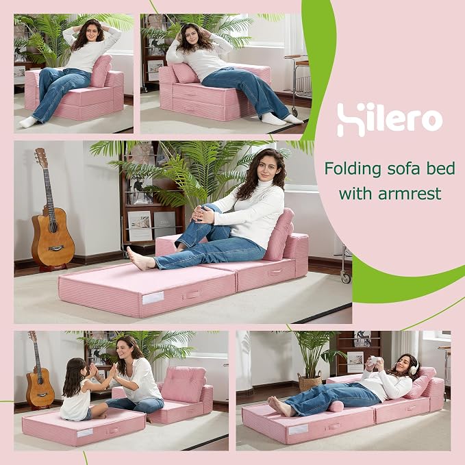 Folding Sofa Bed, 4 in 1 Convertible Sleeper Chair with Pillow, Standard Memory Foam Fold Out Chair Bed, Modern Floor Futon Sofa Couch Mattress for Living Room/Guest/Apartment, Pink