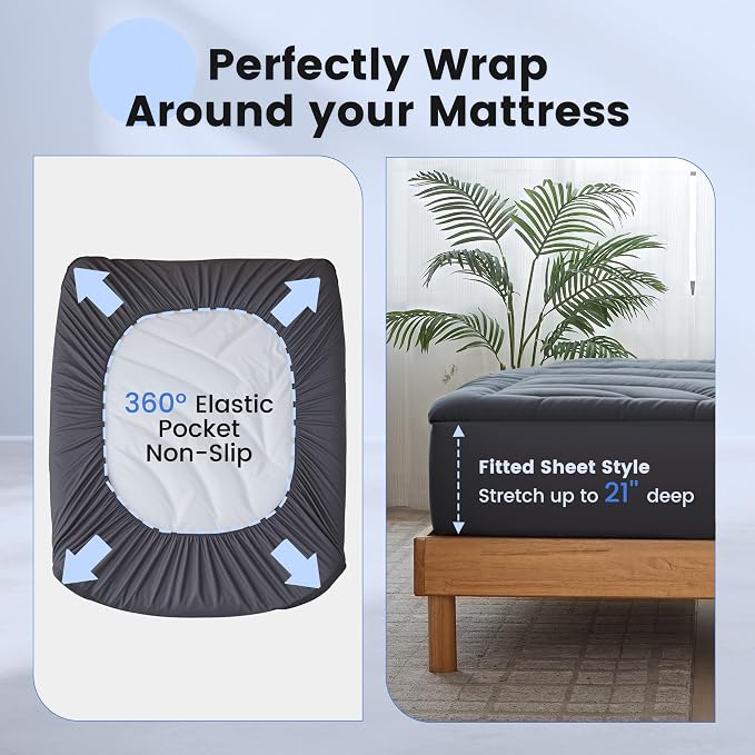 Waterproof Mattress Pad Twin XL, Quilted Fitted Twin XL Mattress Topper for College Dorm, Five-Layers Noiseless Mattress Protector Cover with 8"-21" Deep Pocket, Grey, 39x80