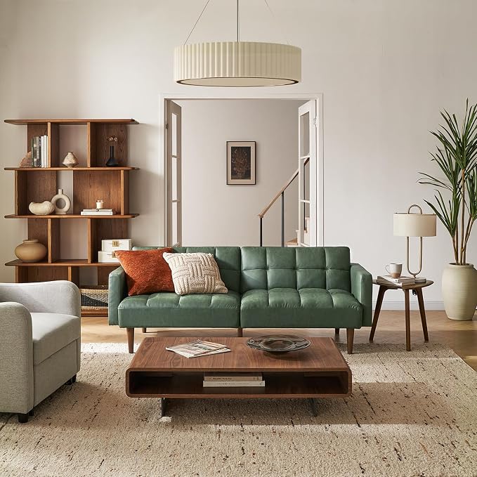 mopio 76.4" Futon Sofa Bed, Couch, Loveseat, Sleeper Sofa, Mid Century Modern Futon Couch, Sofa Cama, Couches for Living Room (Aaron PU, Sage Green)