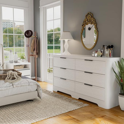 FUSUNBAO Fluted 6 Drawer Dresser, Modern Wood Dresser for Bedroom,TV Stand,Thickened Curved Profile Design,Bedroom,Entryway,Wood Drawer Organizer (White Oak)