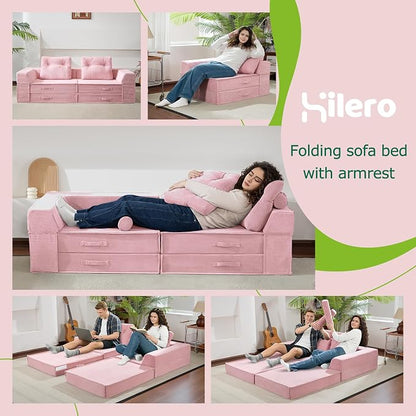 Folding Sofa Bed, 4 in 1 Convertible Sleeper Chair with Pillow, Loveseat Memory Foam Fold Out Chair Bed, Modern Floor Futon Sofa Couch Mattress for Living Room/Guest/Apartment, Pink