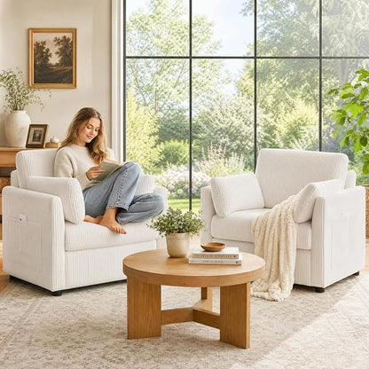 38" Modern Accent Chair, Corduroy Chair with Soft Pillows and Side Pockets, Comfy Single Reading Chairs for Living Room, Bedroom Beige