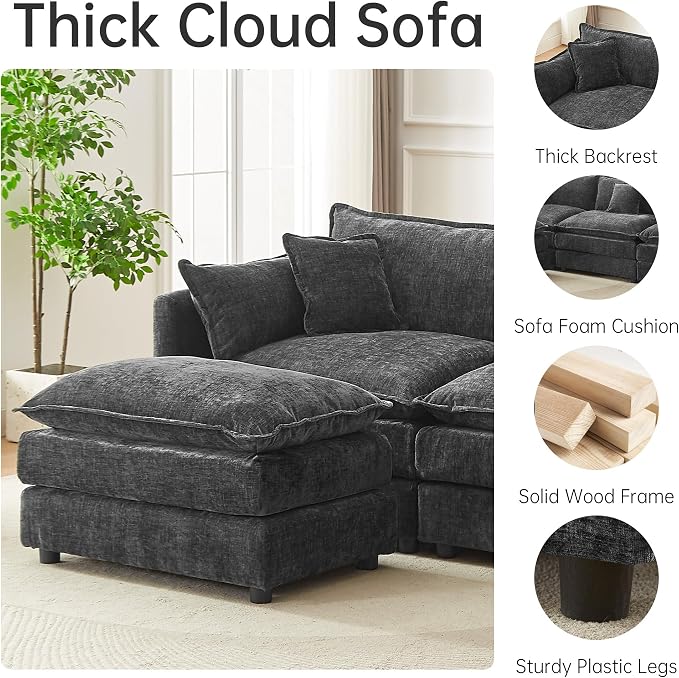Modular Sectional Sofa, 112.2 Inch U Shaped Couch Set with Armrests, 3-Seater Comfy Cloud Couches with Movable Ottoman for Living Room Apartment, Grey