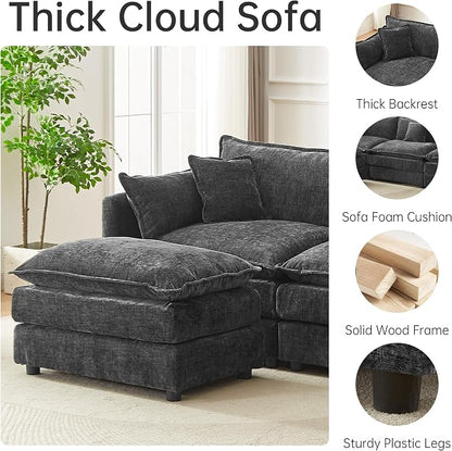 Modular Sectional Sofa, 112.2 Inch U Shaped Couch Set with Armrests, 3-Seater Comfy Cloud Couches with Movable Ottoman for Living Room Apartment, Grey