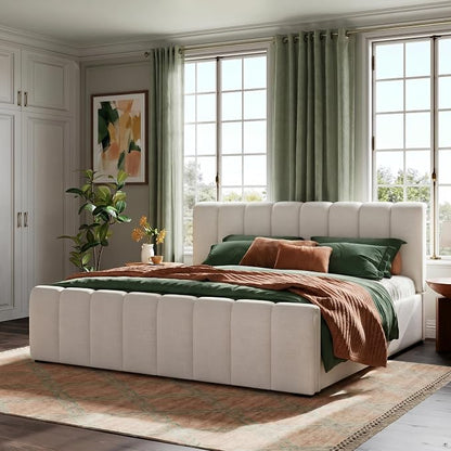 Merax California King Upholstered Panel Bed with Curved Headboard, Beige | Thick Linen Headboard and Footboard with Solid Rubberwood Legs for a Refined Bedroom Look