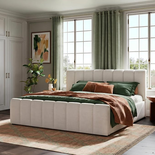 Merax California King Upholstered Panel Bed with Curved Headboard, Beige | Thick Linen Headboard and Footboard with Solid Rubberwood Legs for a Refined Bedroom Look