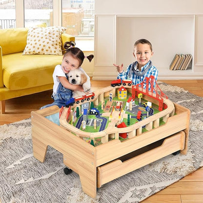 Costzon Wooden Train Table with 100 Multicolor Pieces | Kids Activity Table w/ Large Rolling Storage Drawer, Tracks, Cars, DIY Design, Train Set Table for Boys Girls Toddlers 3+