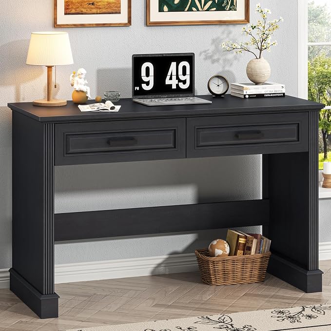 Vabches Farmhouse Executive Desk with Drawers, 48 Inch Simple Home Office Writing Desk, Computer Desk Workstation for Small Spaces, Bedroom Study Black