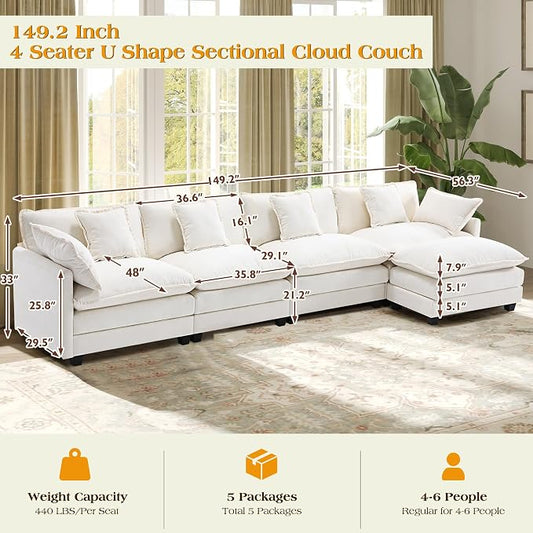 149.2" Modular Sectional Sofa,L Shaped Couch for Living Room,Modern Deep Seat Sofa 4 Seater Chenille Fabric Comfy Cloud Couches with Throw Pillows & Movable Ottoman
