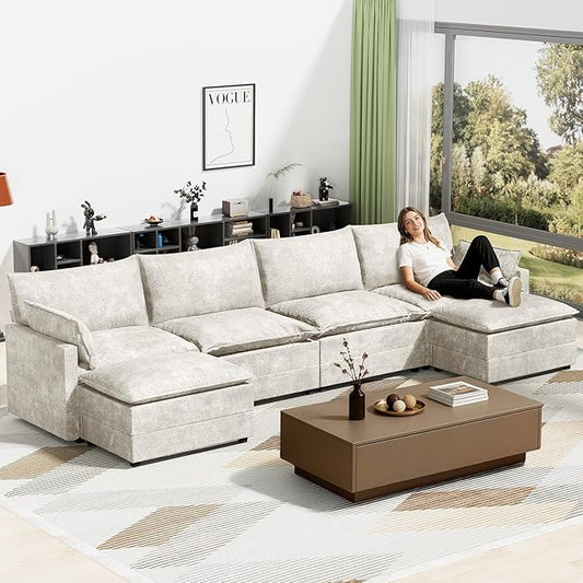 LEVELEVE 147" U-Shape Modular Sofa with 2 Ottomans, Deep Seat Cloud Convertible Sleeper, 2 Arm Pillows, Comfortable Large Upholstered Furniture for Living Room Apartment, Beige
