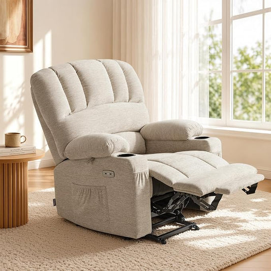 MCombo Oversized Power Lift Recliner Chair for Elderly, Lift Chair with Heat and Massage, Lift Recliner for Big and Tall, Cup Holders, USB & Type C Ports, Fabric R7092 (Beige, Oversize)