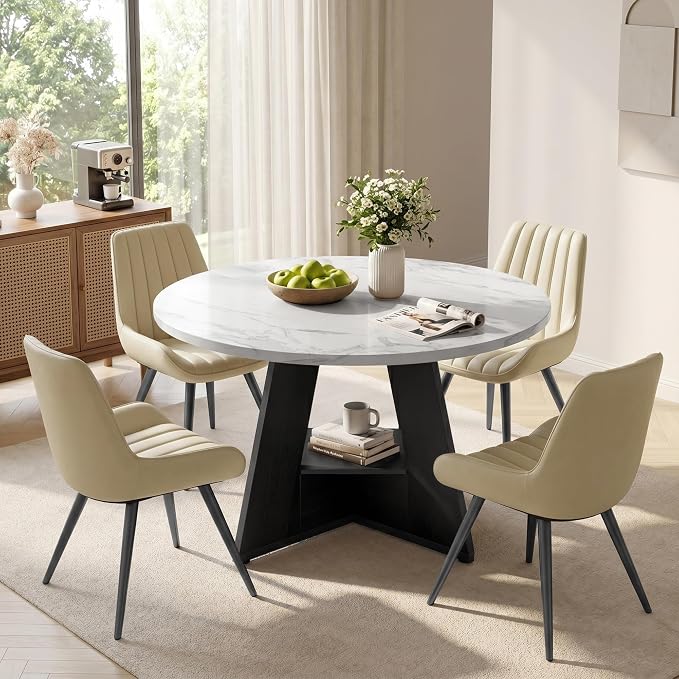 47.3 Inch Round Dining Table Set for 4, Round Kitchen Table with Chairs, Space Saving Dining Room Table set with Storage Shelf for Apartment Kitchen Dining Room, Faux Marble Table+4 Beige Chairs