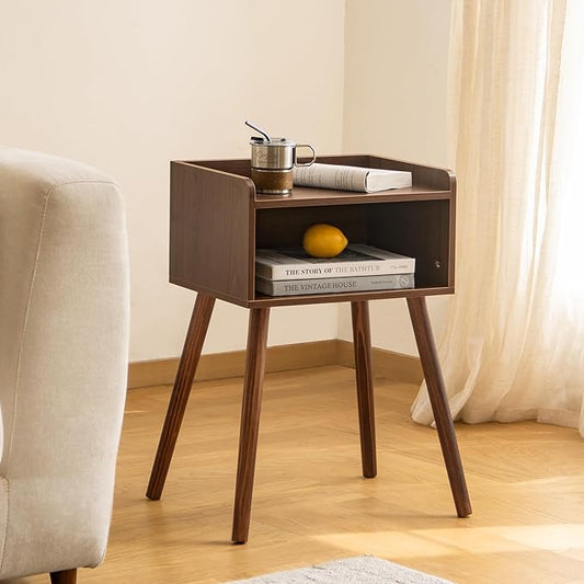 MaxSmeo Small Nightstand, Mid Century Modern Side Table Bedroom with Storage, Small End Bedside Table with Solid Wood Legs for Living Room, Office(Walnut Brown)