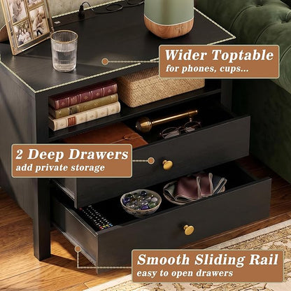 Aheaplus Nightstand with Charging Station, 23.6'' Large Bed Side Table with Wooden 2 Drawers, Night Stand for Bedroom, End Table with Open Storage Shelf for Living Room, Set of 2, Black