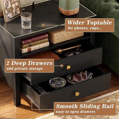 Aheaplus Nightstand with Charging Station, 23.6'' Large Bed Side Table with Wooden 2 Drawers, Night Stand for Bedroom, End Table with Open Storage Shelf for Living Room, Black