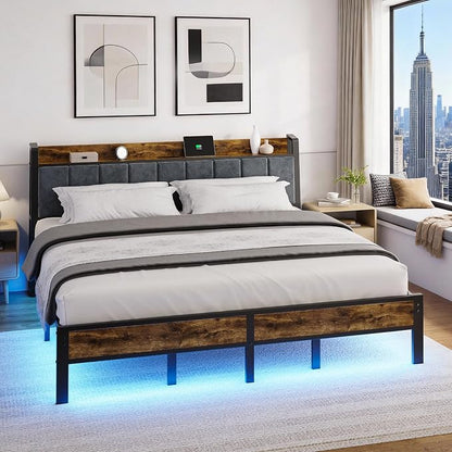 Liians King Size Bed Frame with USB Charging Station, Storage Headboard with Smart LED Lights, Metal Platform Bed Noise Free, No Box Spring Needed, Easy Assembly