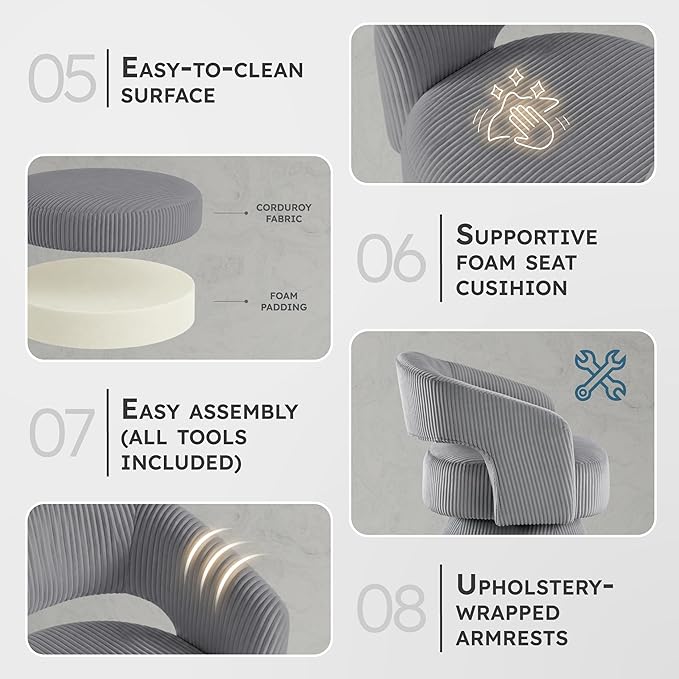 Lexicon 360 Degree Swivel Accent Chair, Modern Comfy Corduroy Round Barrel Chair, Open Back, Plush Foam Cushions, Metal Swivel Base for Living Room/Bedroom/Office/Small Spaces, Dark Gray