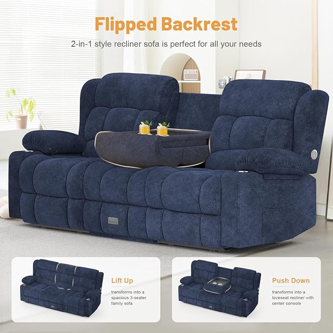 Dresegmt Loveseat Recliner Sofa Set, Flip Middle Backrest Design 3 Seater Reclining Sofa and Single Oversized Recliner Chair, Manual Couches for Living Room/RV (Blue, 3+1)