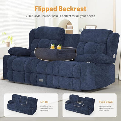 Dresegmt Loveseat Recliner Sofa Set, Flip Middle Backrest Design 3 Seater Reclining Sofa and Single Oversized Recliner Chair, Manual Couches for Living Room/RV (Blue, 3+1)