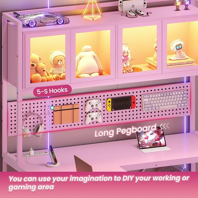 SEDETA L Shaped Gaming Desk with Drawers, L Shaped Computer Desk with Hutch and Storage Shelves, Gaming Desk with Pegboard, Led Lights, and Power Outlet, Home Office Desk, Corner Desk, Pink