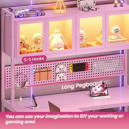 SEDETA L Shaped Gaming Desk with Drawers, L Shaped Computer Desk with Hutch and Storage Shelves, Gaming Desk with Pegboard, Led Lights, and Power Outlet, Home Office Desk, Corner Desk, Pink