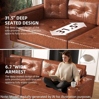 92.1'' Pull Out Sofa Bed King, Faux Leather Futon Couch, 3-in-1 Convertible Sleeper Sofa with Tufted Back, Gold Furniture Legs, Deep Loveseat for Living Room, Apartment, Office, Light Brown