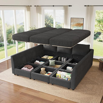 HONBAY Modular Sectional Sleeper Sofa with Storage, Modular Convertible Sectional Couch Bed Module Sleeper Couches for Living Room - Snowflake Velvet Grey