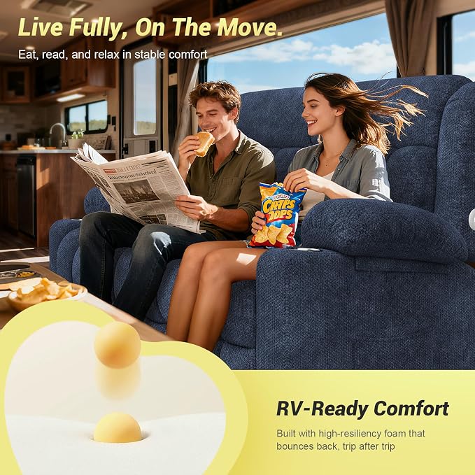 RV Loveseat Recliner Sofa, Reclining Loveseat Home Theater Seating with USB Ports, Cup Holders, Insert Pockets, Wall Hugger RV Recliners for Movie Room, Recline Movie Seats Gaming Sofa, Blue