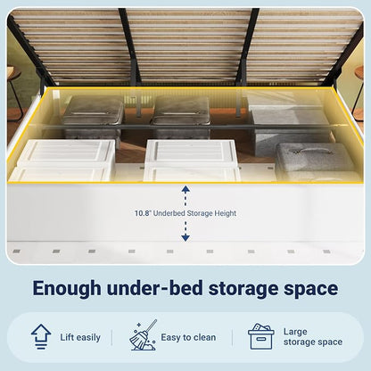 Allewie King Size Lift Up Storage Bed Frame with Charging Station & LED Lights, Adjustable Velvet Upholstered Storage Headboard, Type-C & USB Ports, Hydraulic Support, No Box Spring Needed, White