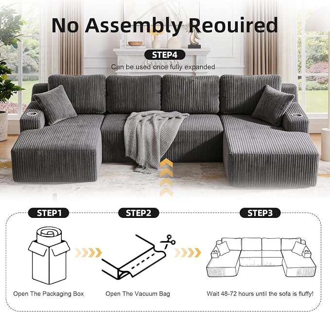 130" U-Shaped Modular Sectional Sofa with Chaise, Boneless Corduroy Flexible Module Seating for Living Room, Cloud Couch with Cup Holders and Side Pockets, No Assembly (Grey)