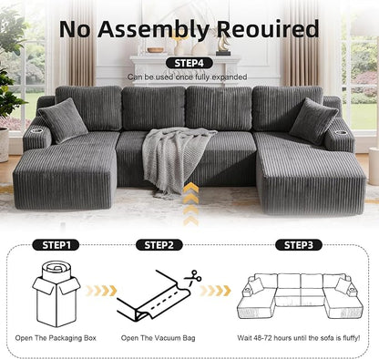 130" U-Shaped Modular Sectional Sofa with Chaise, Boneless Corduroy Flexible Module Seating for Living Room, Cloud Couch with Cup Holders and Side Pockets, No Assembly (Grey)