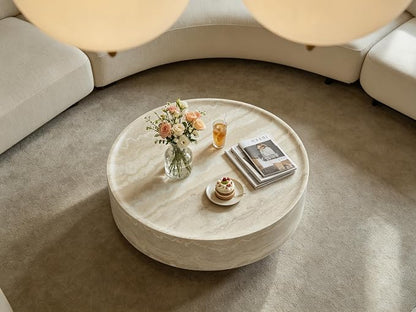 31.5" Faux Marble Round Coffee Tables, Modern Stone Coffee Tables, Fiberglass Drum Center Table, Accent Low Circle Coffee Table, Minimalist Sofa Side End Table for Living Room Apartment Office