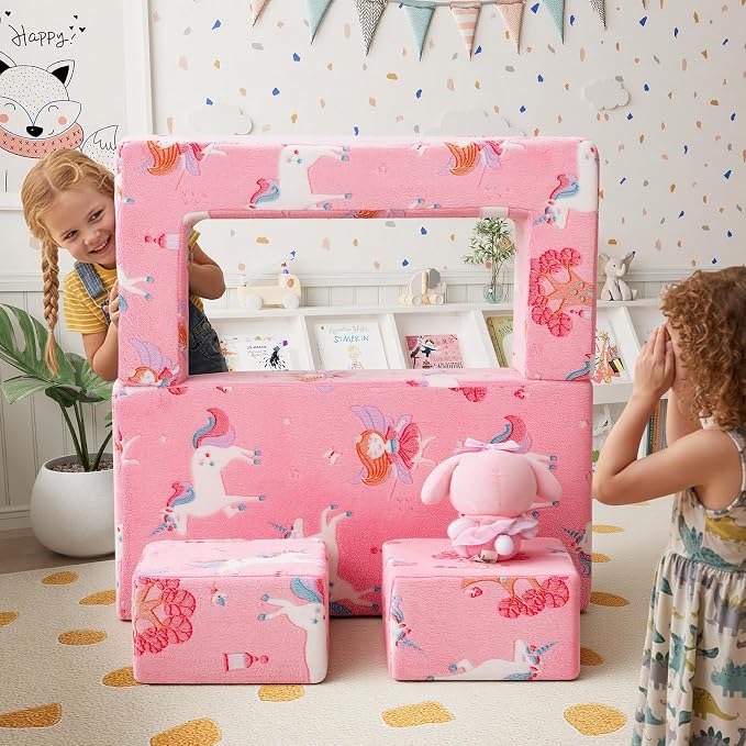 MeMoreCool Modular Kids Couch, Glow Play Toddler Couch for Bedroom Playroom, Convertible Foam Kids Sofa Bed, Fold Out Baby Sofa for Girl Boy, Pink Fairy