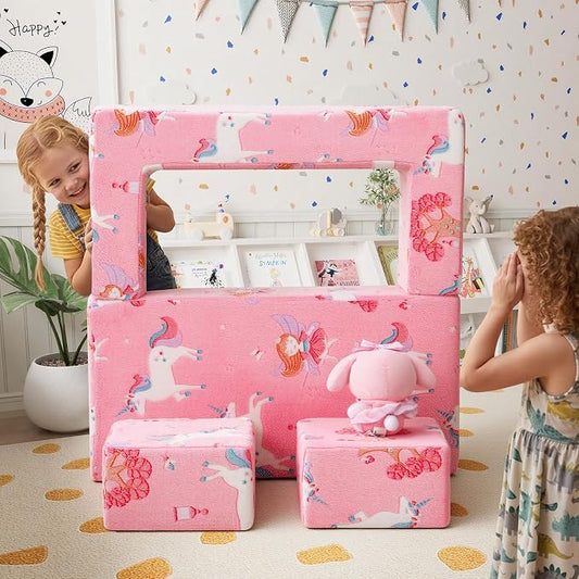 MeMoreCool Modular Kids Couch, Glow Play Toddler Couch for Bedroom Playroom, Convertible Foam Kids Sofa Bed, Fold Out Baby Sofa for Girl Boy, Pink Fairy